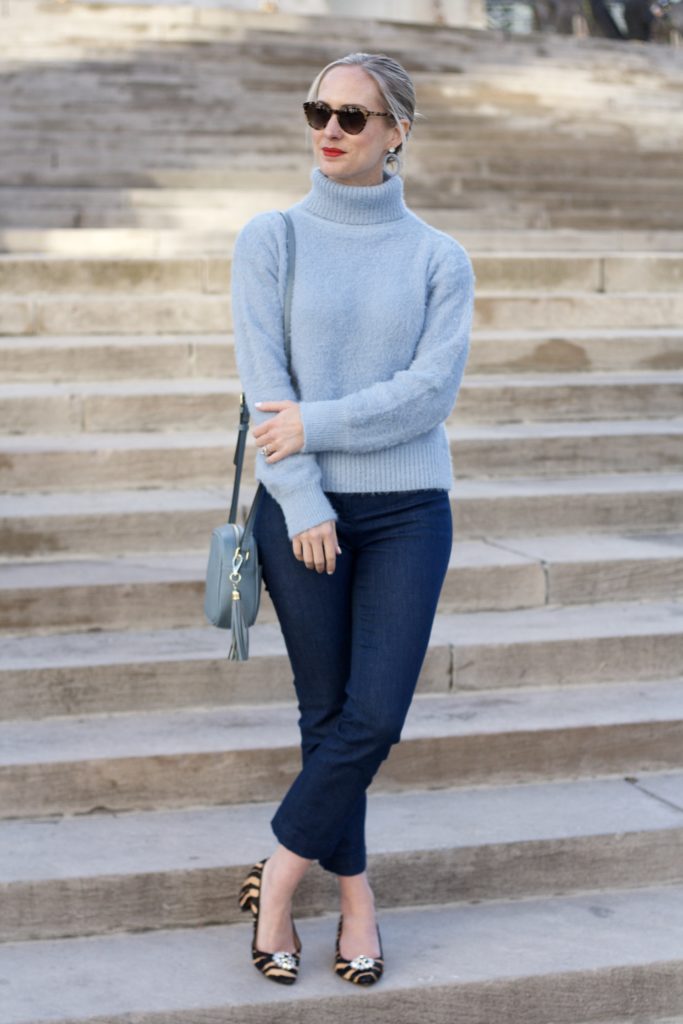 fuzzy turtleneck sweater, baby blue outfit, cropped flare pants