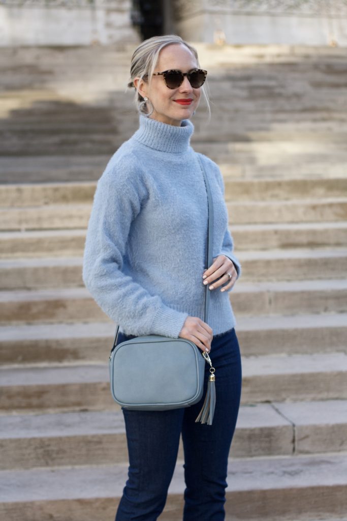 fuzzy turtleneck sweater, baby blue outfit, cropped flare pants