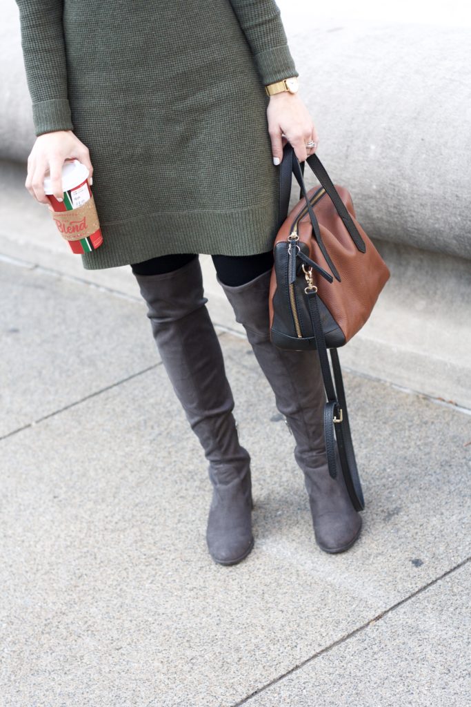 sweater dress, leopard silk scarf, over the knee gray boots