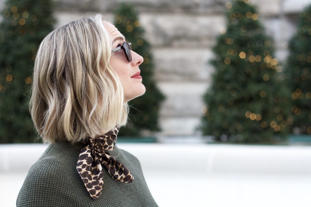 sweater dress, leopard silk scarf, over the knee gray boots