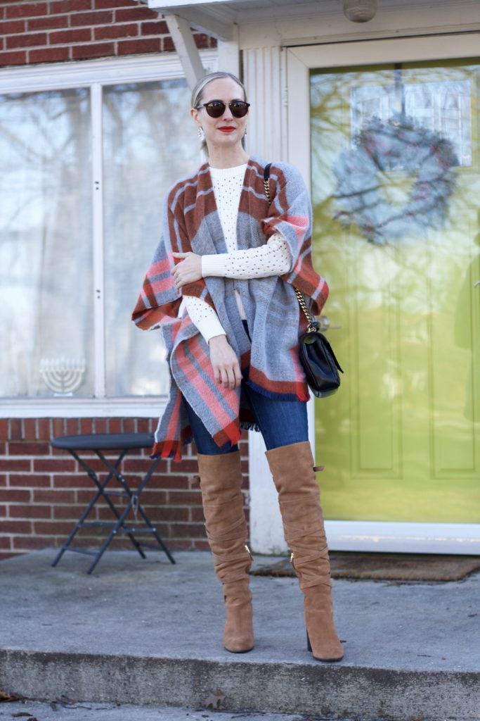 plaid poncho, over the knee boots, YSL college bag