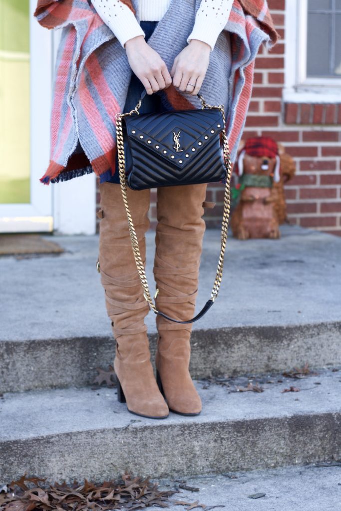 plaid poncho, over the knee boots, YSL college bag