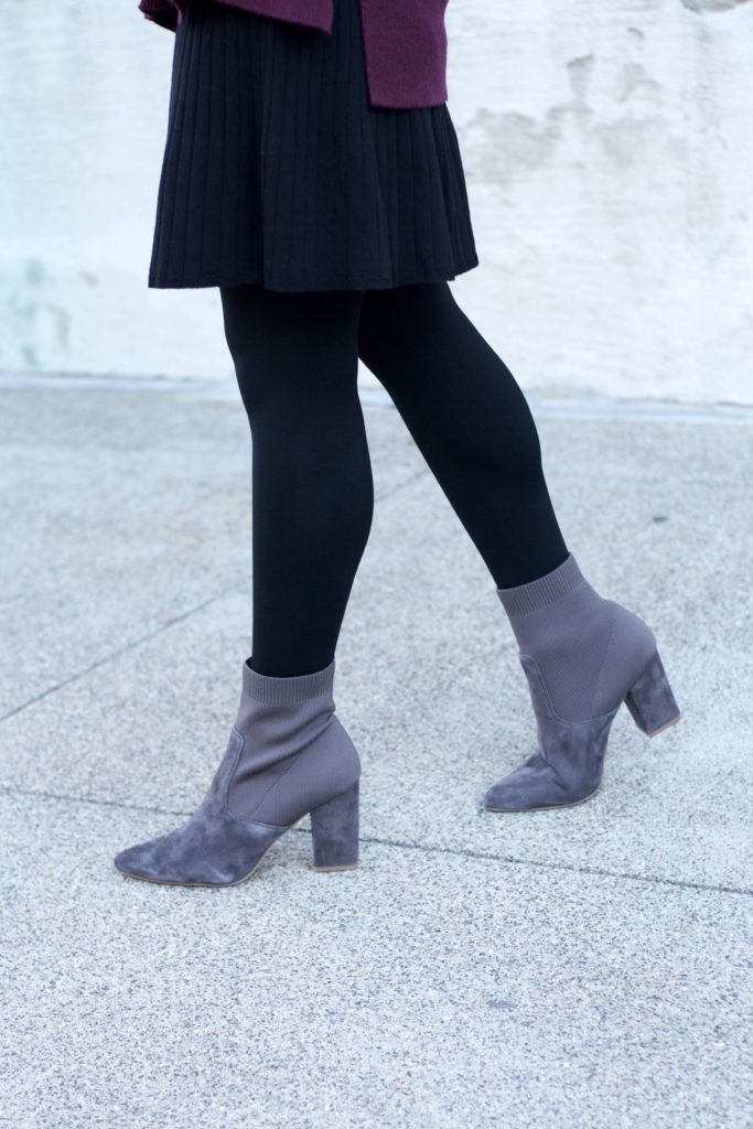 sock boots, sweater boots, sweater skirt, winter work outfit ideas
