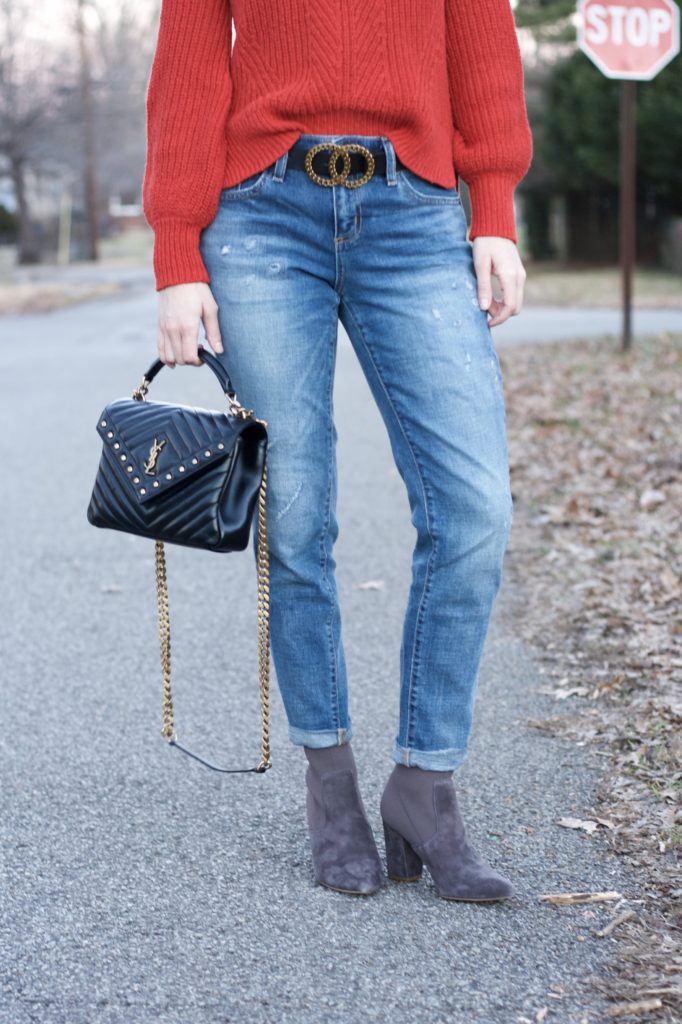 madewell sweater, boyfriend jeans, sock booties, YSL college bag