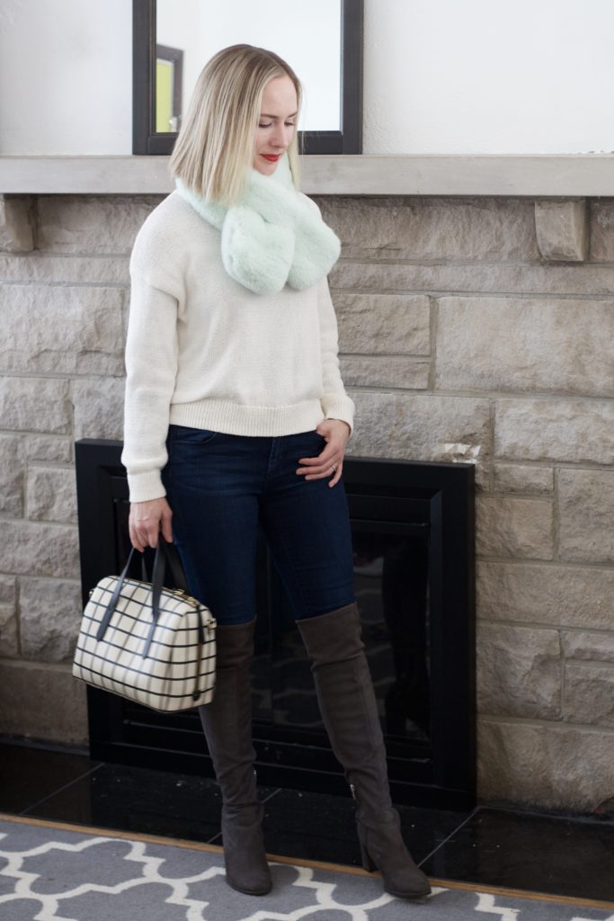 pastel faux fur scarf, over the knee suede boots