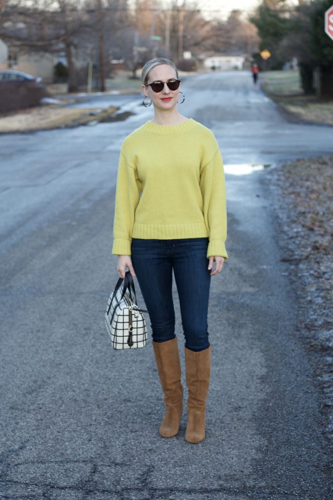 chartreuse puff sleeve sweater, tan suede boots, tortoise hoop earrings