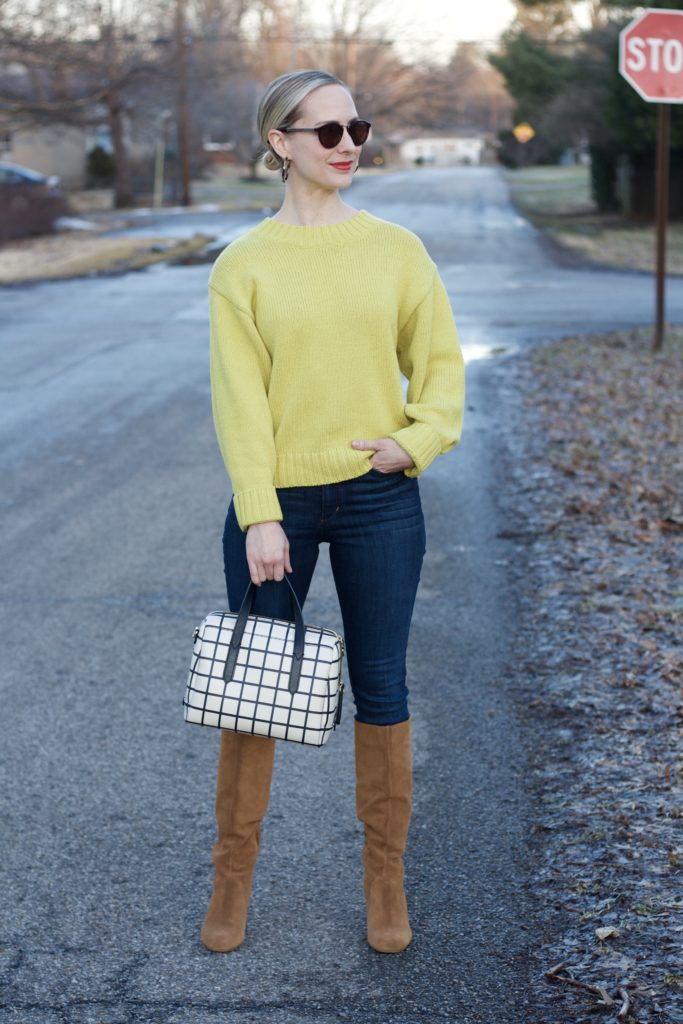 chartreuse puff sleeve sweater, tan suede boots, tortoise hoop earrings