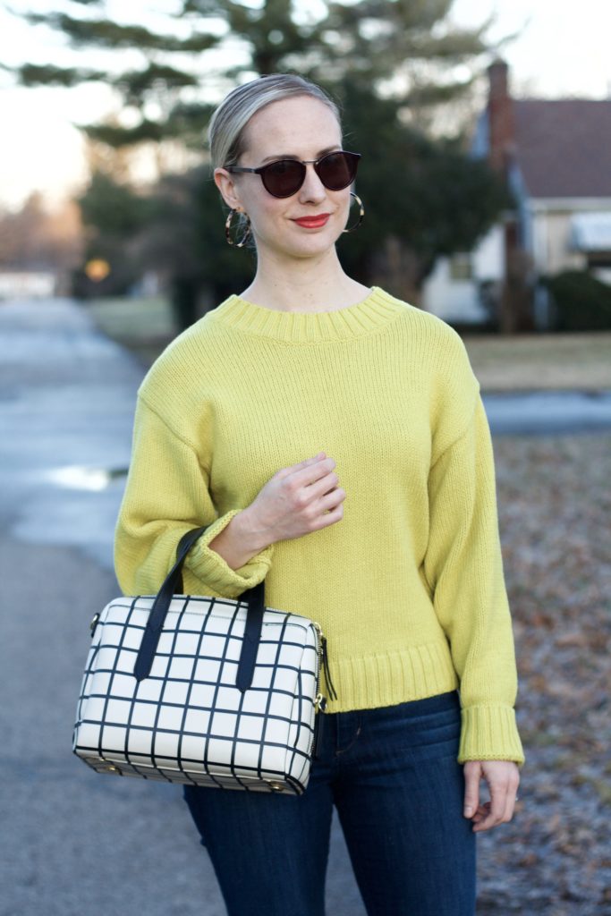 chartreuse puff sleeve sweater, tan suede boots, tortoise hoop earrings