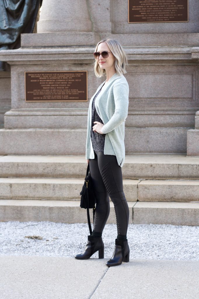 chenille cardigan, spanx leather moto leggings, ankle booties