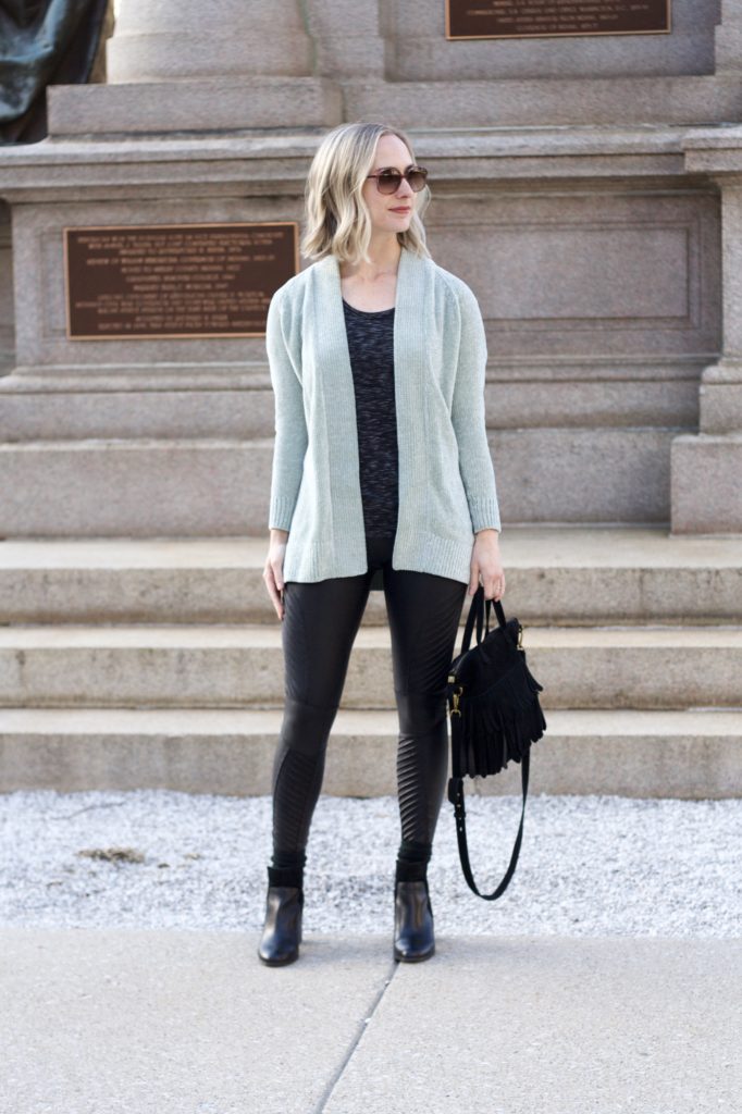 chenille cardigan, spanx leather moto leggings, ankle booties