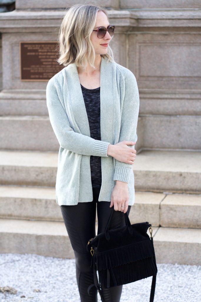 chenille cardigan, spanx leather moto leggings, ankle booties
