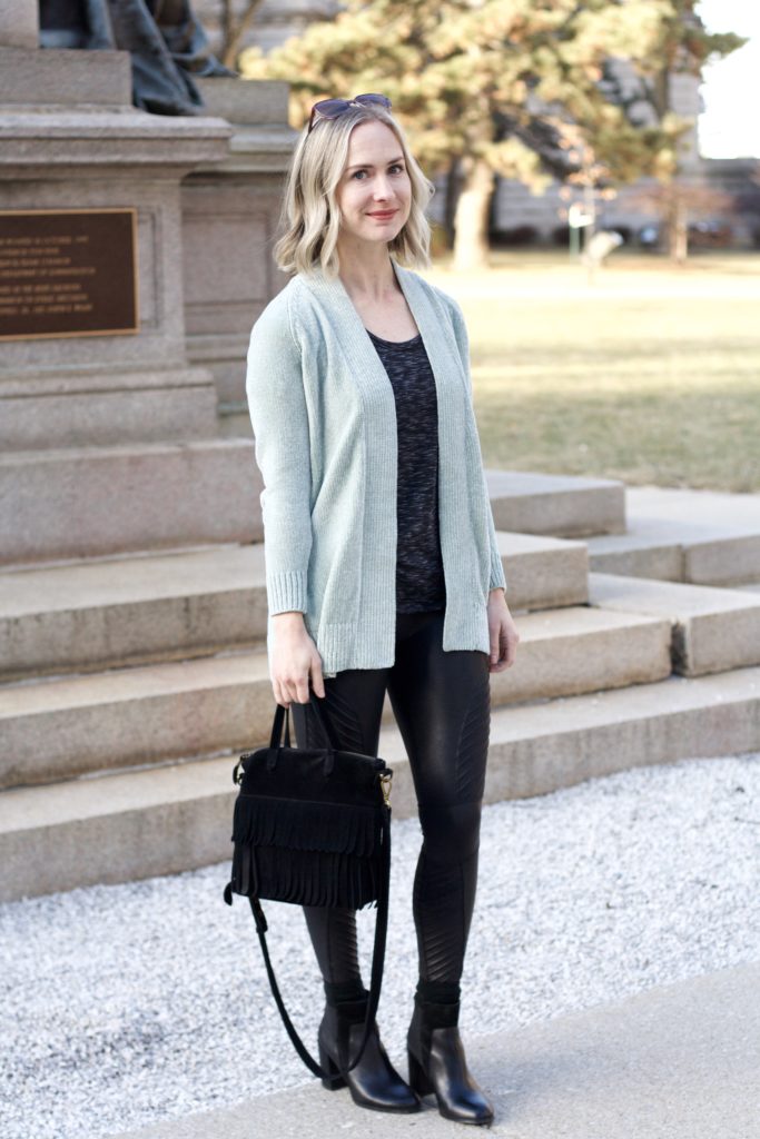 chenille cardigan, spanx leather moto leggings, ankle booties