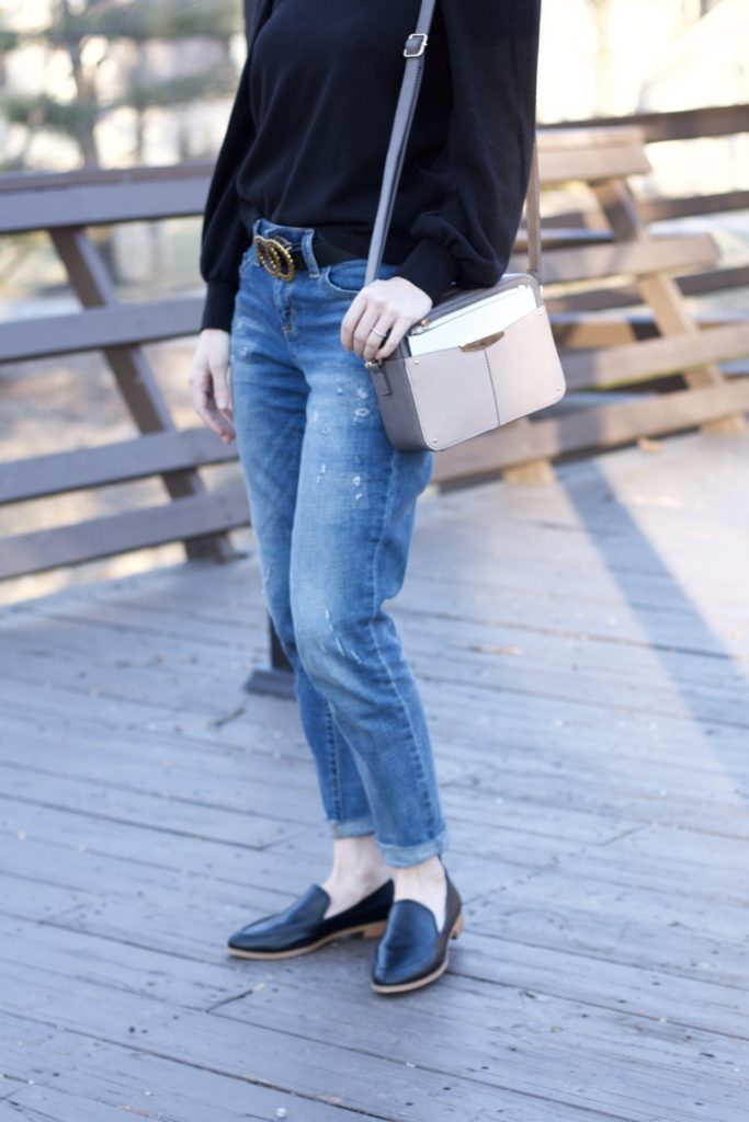 boyfriend jeans with flats, leather loafers, Gucci belt dupe, GG belt cheaper option