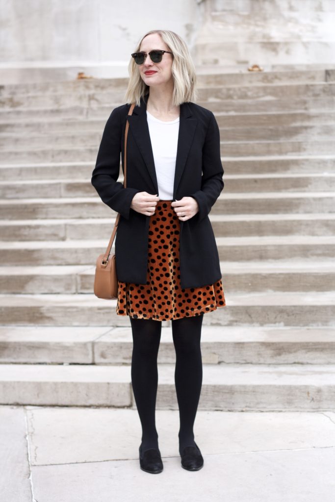 velvet skirt, long line blazer, winter outfit ideas