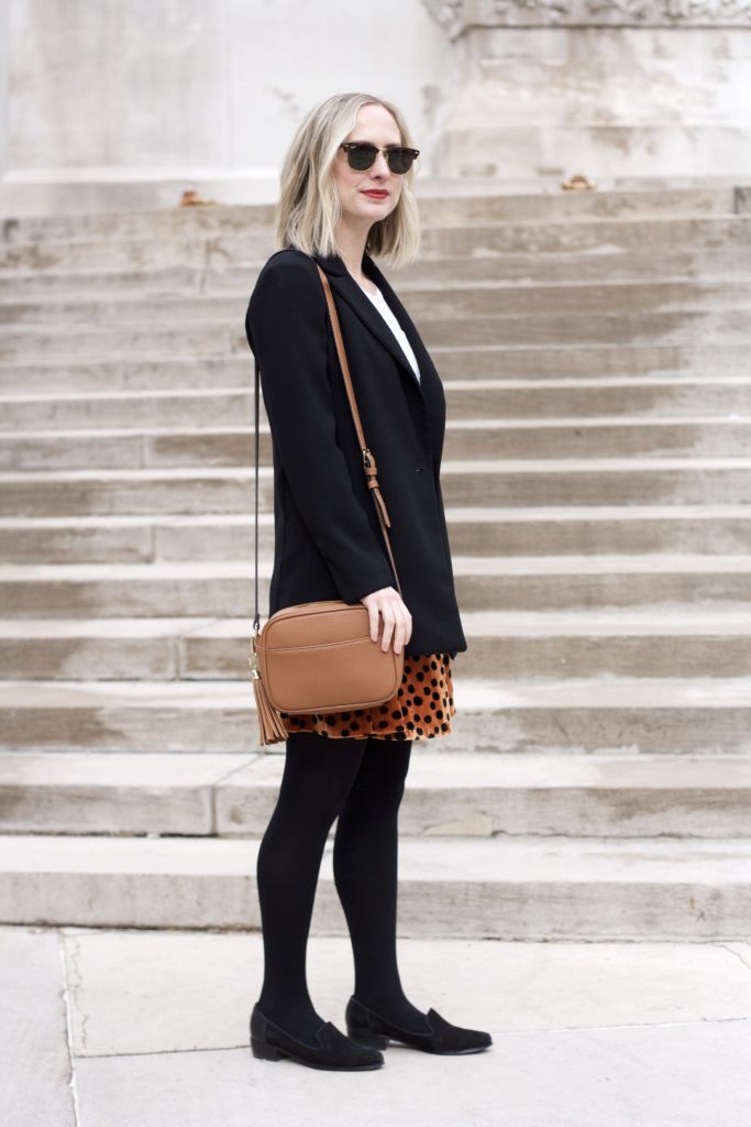 velvet skirt, long line blazer, winter outfit ideas
