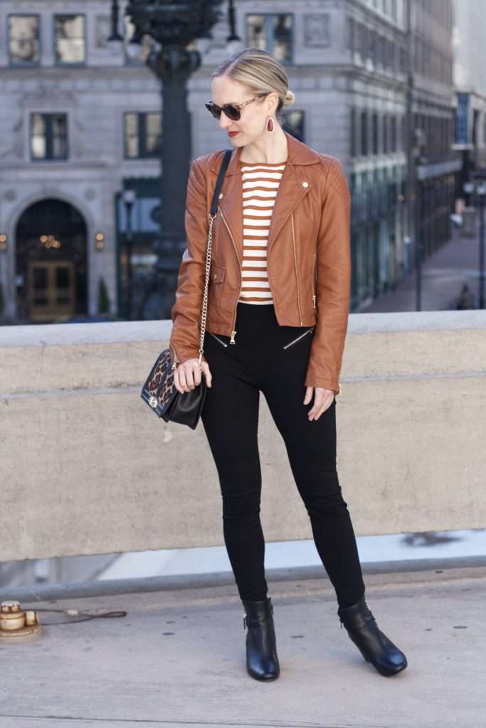 brown stripe shirt, brown faux leather jacket, leopard haircalf crossbody
