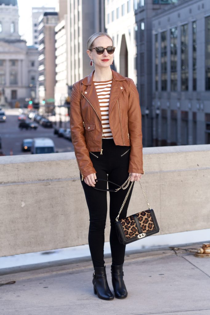 brown stripe shirt, brown faux leather jacket, leopard haircalf crossbody