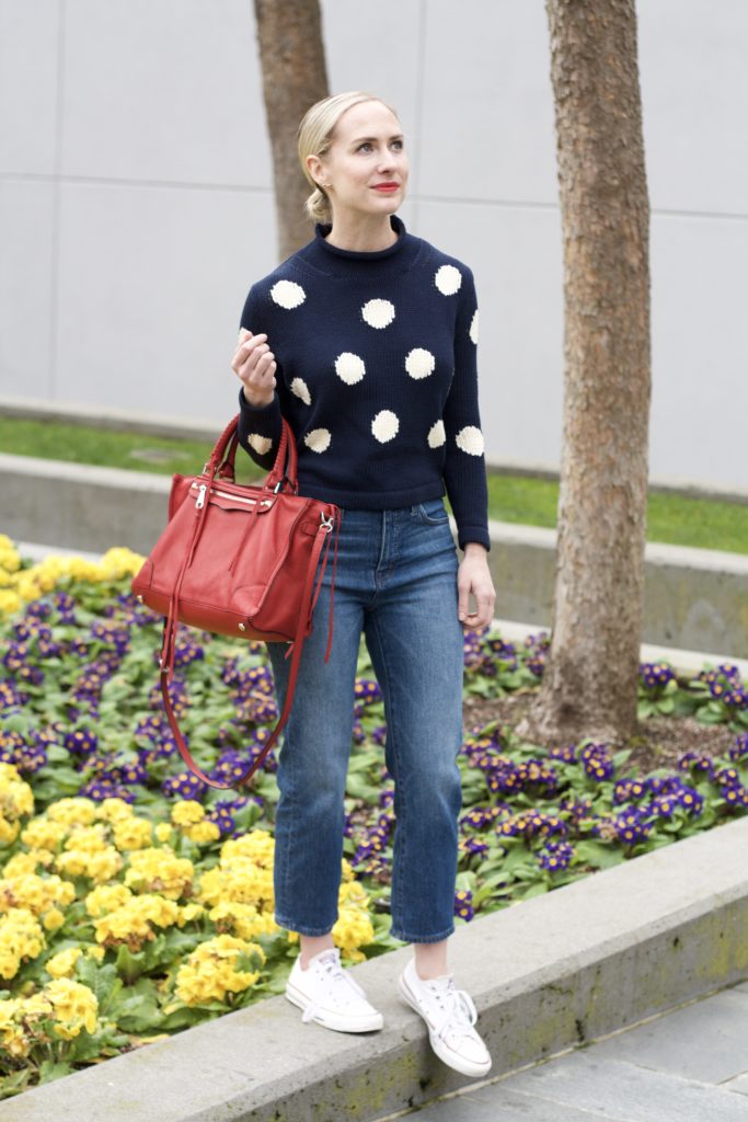Rebecca Minkoff red bag, Madewell cropped straight leg jeans, J.Crew polka dot roll neck sweater, Chucks outfit, San Francisco travel