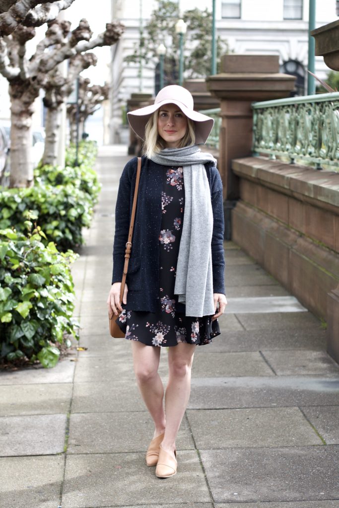 floral dress, long cardigan, cashmere scarf, shooties, floppy felt hat, Napa outfit