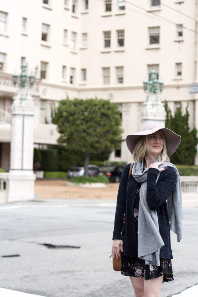 floral dress, long cardigan, cashmere scarf, shooties, floppy felt hat, Napa outfit