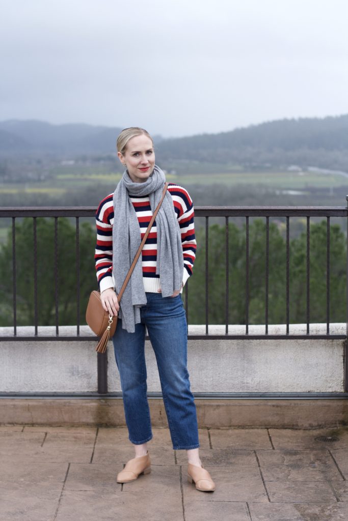 striped sweater, cropped straight leg jeans, cashmere scarf, Napa Valley wine tasting