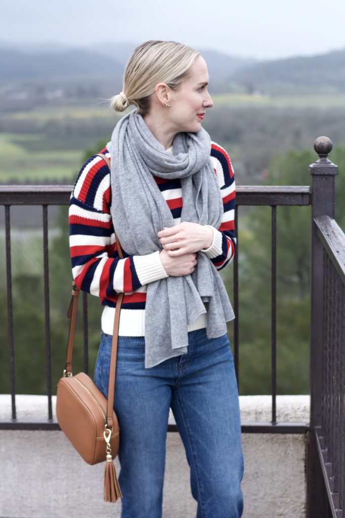 striped sweater, cropped straight leg jeans, cashmere scarf, Napa Valley wine tasting