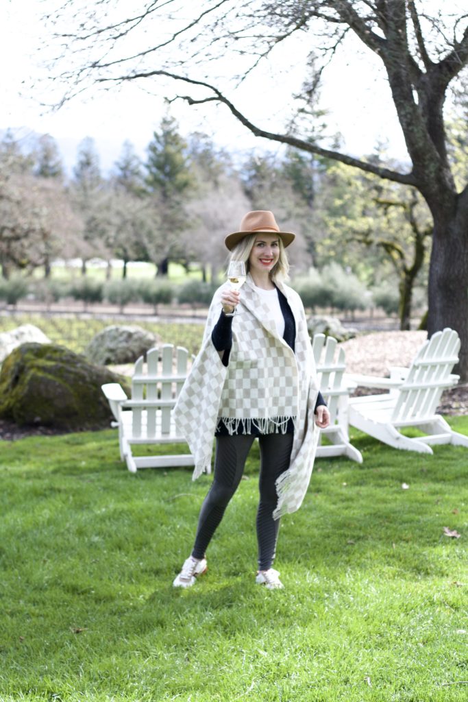 Madewell wrap, wrap outfit casual, Spanx moto leggings, Domain Chandon Napa Valley