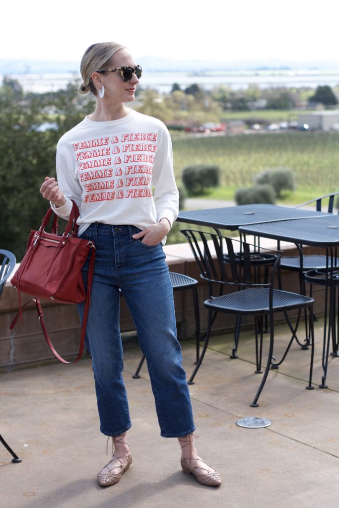 statement sweatshirt, cropped straight leg jeans, Rebecca Minkoff bag, lace up flats, Sonoma travel blog