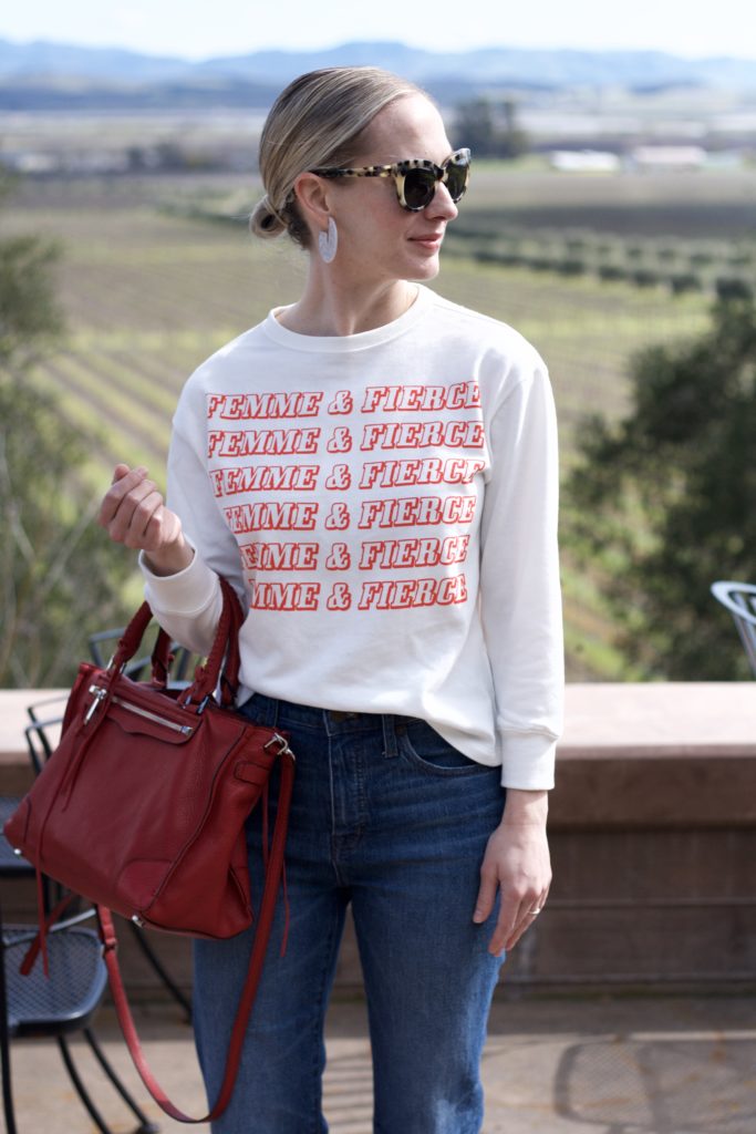 statement sweatshirt, cropped straight leg jeans, Rebecca Minkoff bag, lace up flats, Sonoma travel blog