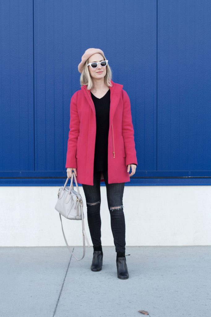 pink coat, polka dot beret, ankle boots