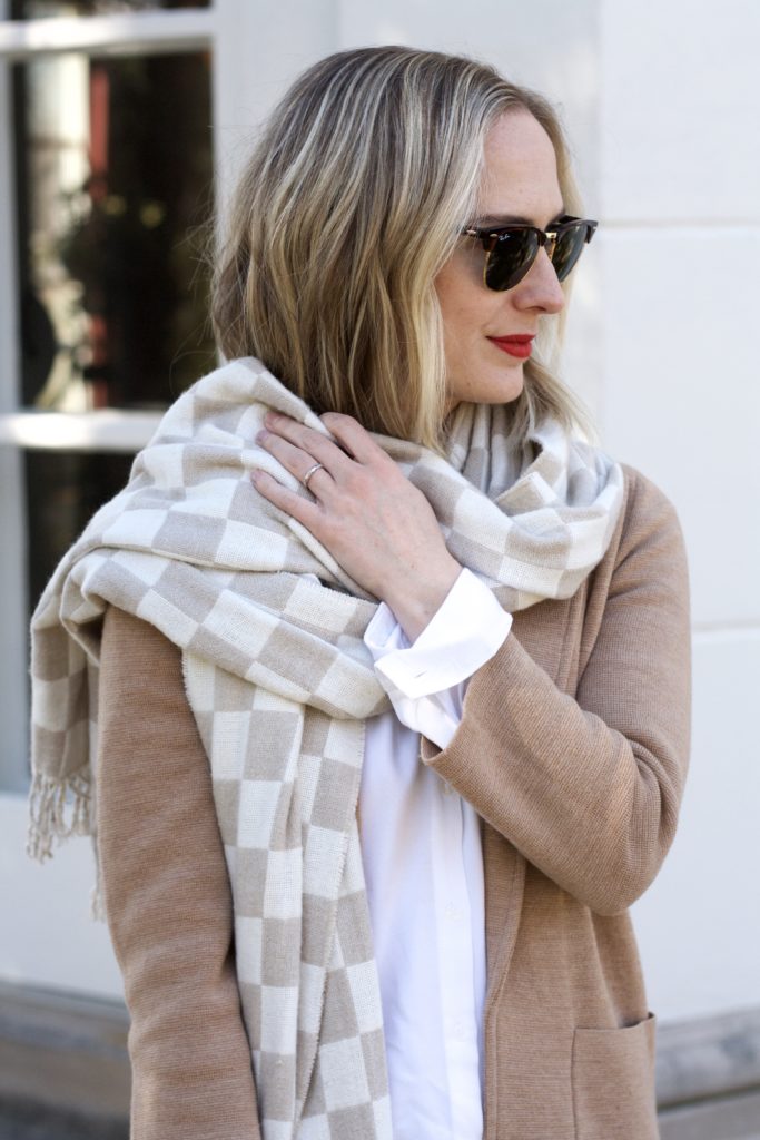 blanket scarf cape, suede loafers, J.Crew sweater blazer, Ray Ban Clubmasters