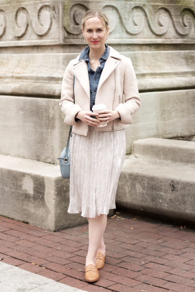 snake pleated midi skirt, penny loafers, chambray shirt outfit