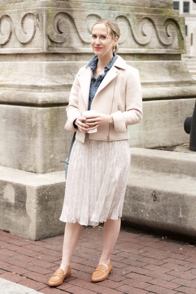 snake pleated midi skirt, penny loafers, chambray shirt outfit