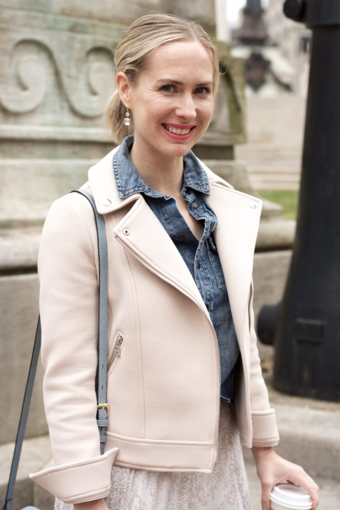 snake pleated midi skirt, penny loafers, chambray shirt outfit