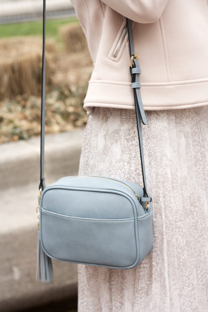 snake pleated midi skirt, penny loafers, chambray shirt outfit