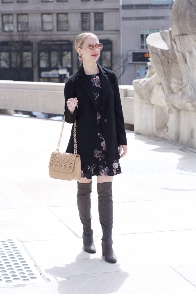 floral dress, over the knee boots, long blazer, spring transition outfit