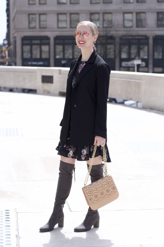 floral dress, over the knee boots, long blazer, spring transition outfit