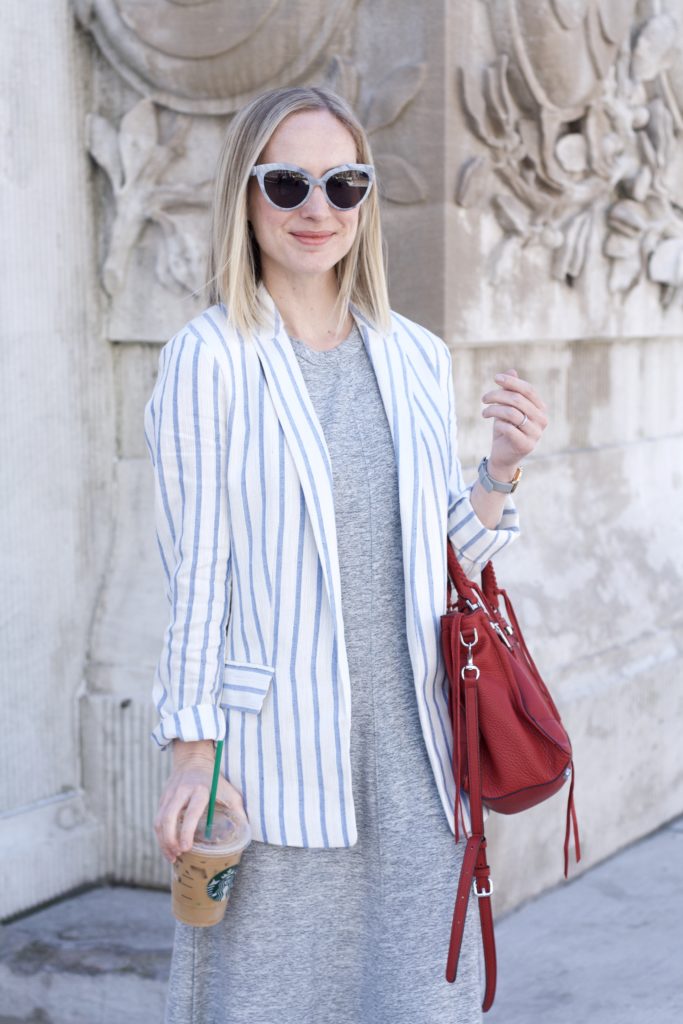 oversized striped blazer, midi dress, Rebecca Minkoff Regan bag