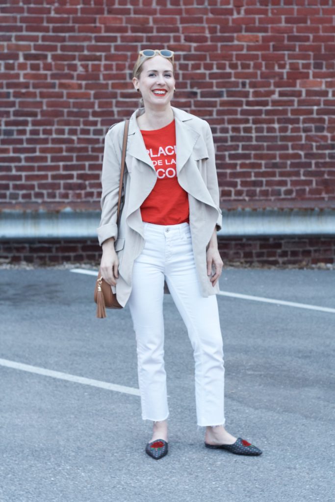 white cropped jeans, graphic tee, trench coat, velvet embellished slides