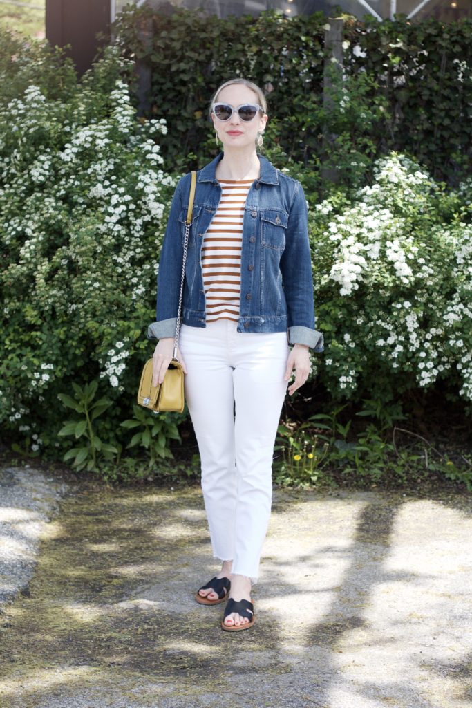 white jeans with denim jacket, stripe shirt, Rebecca Minkoff Love bag, Balenciaga sunglasses, hermes dupe sandals