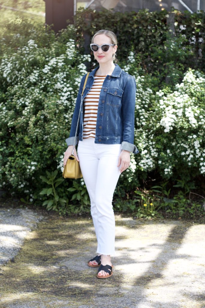 white jeans with denim jacket, stripe shirt, Rebecca Minkoff Love bag, Balenciaga sunglasses, hermes dupe sandals