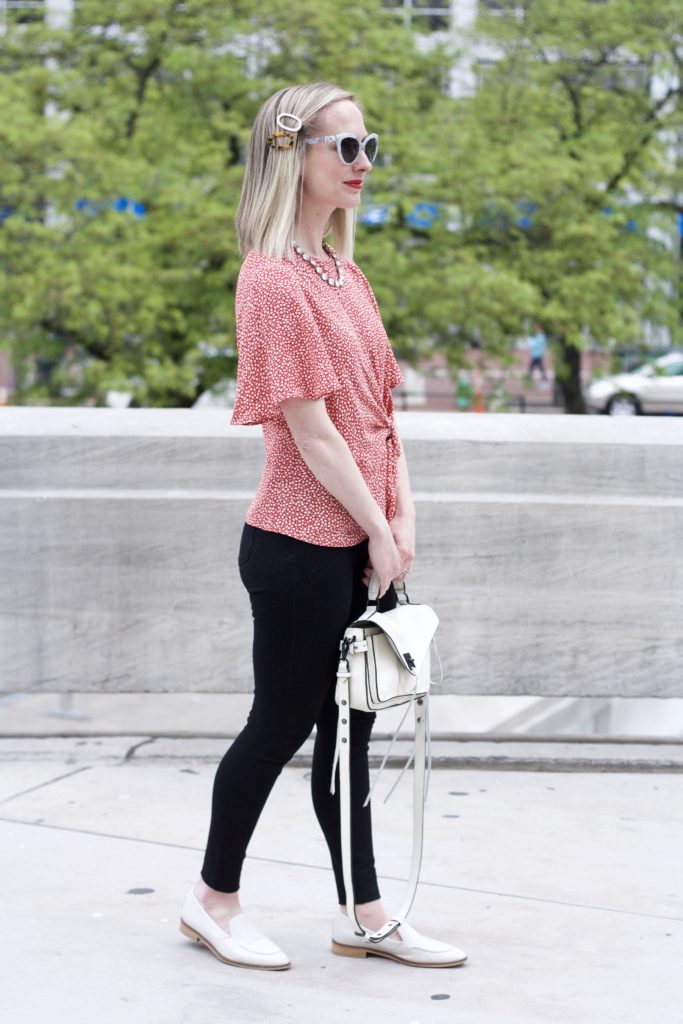 hair clip trend, ponte pants, Everlane loafers, Rebecca Minkoff bag outfit