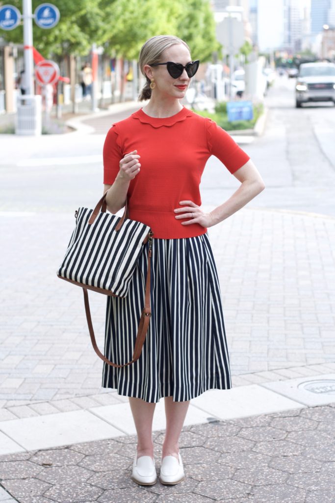 YSL heart sunglasses, striped bag, striped midi skirt