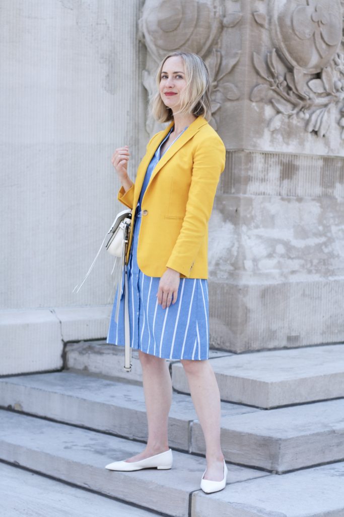 stripe shirtdress, yellow blazer, white flats