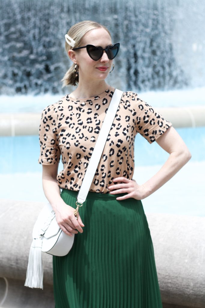 heart sunglasses, pearl barrette, leopard tee, green skirt
