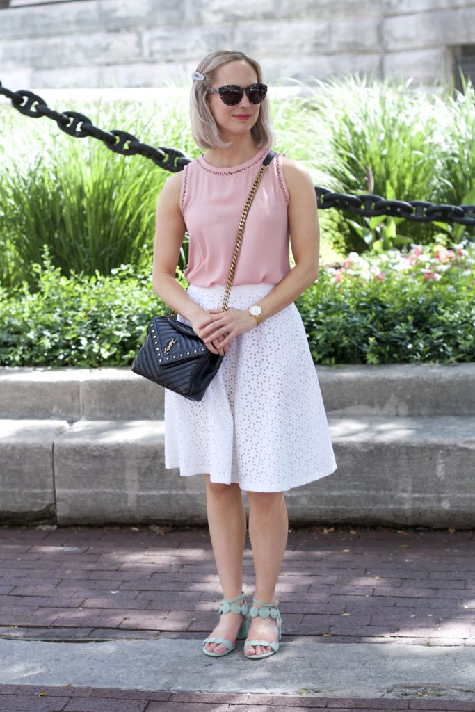 pastel outfit, white eyelet skirt, ysl college bag