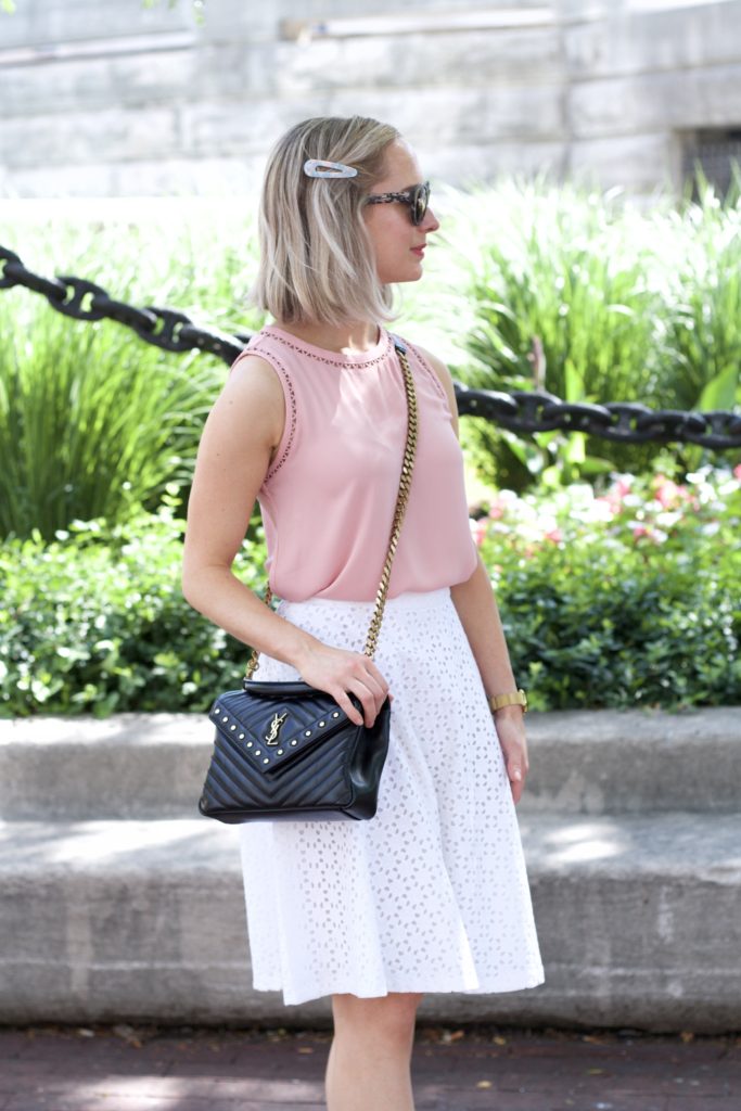 pastel outfit, white eyelet skirt, ysl college bag