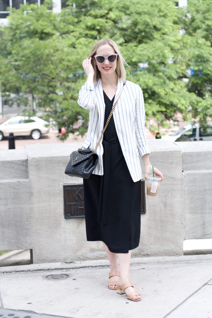 everlane wrap dress, stripe blazer, ysl crossbody bag, 30x30 remix blogger