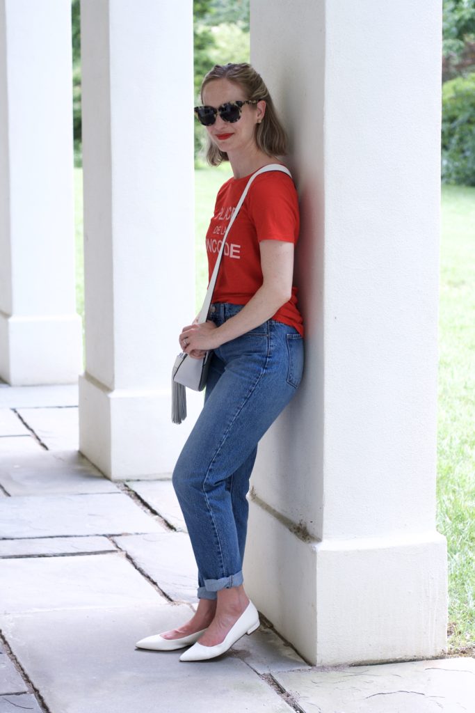 graphic tee, Mott & Bow mom jeans, white flats