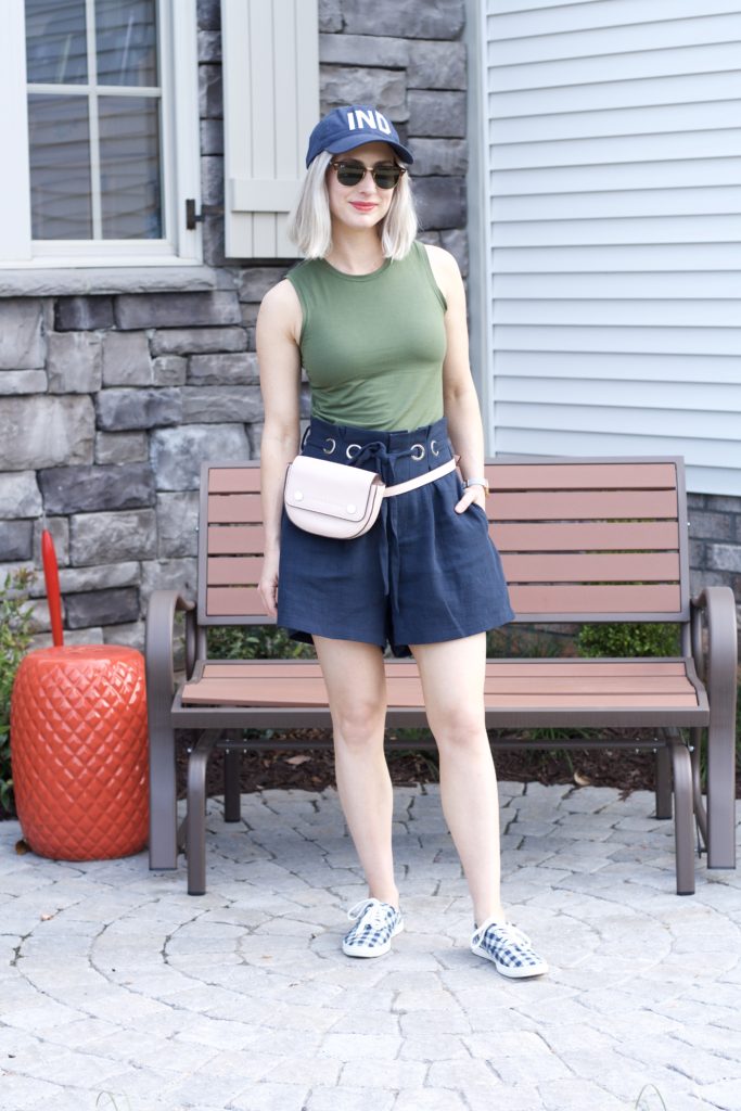 fashion fanny pack, gingham sneakers, aviator hat